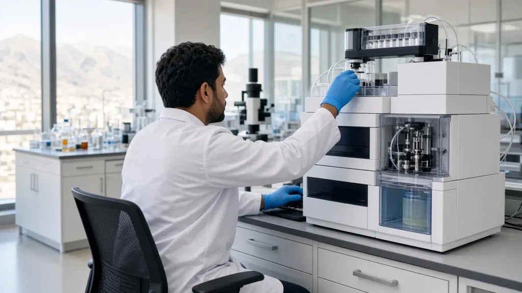 Technician at an instrument in a bright laboratory