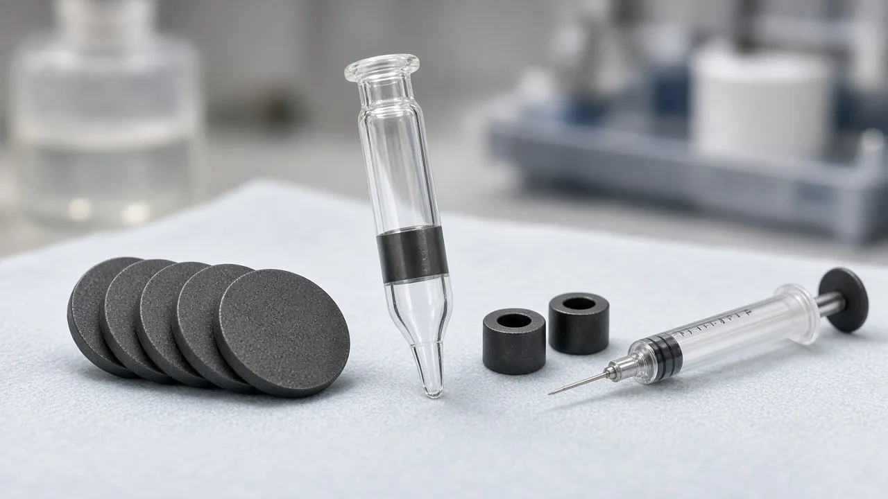 Septa, liner, ferrules, and a syringe