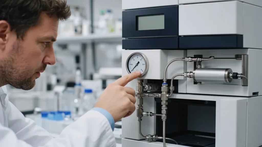 Technician checking HPLC pump pressure