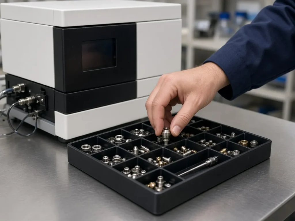 Parts tray beside an instrument during repair