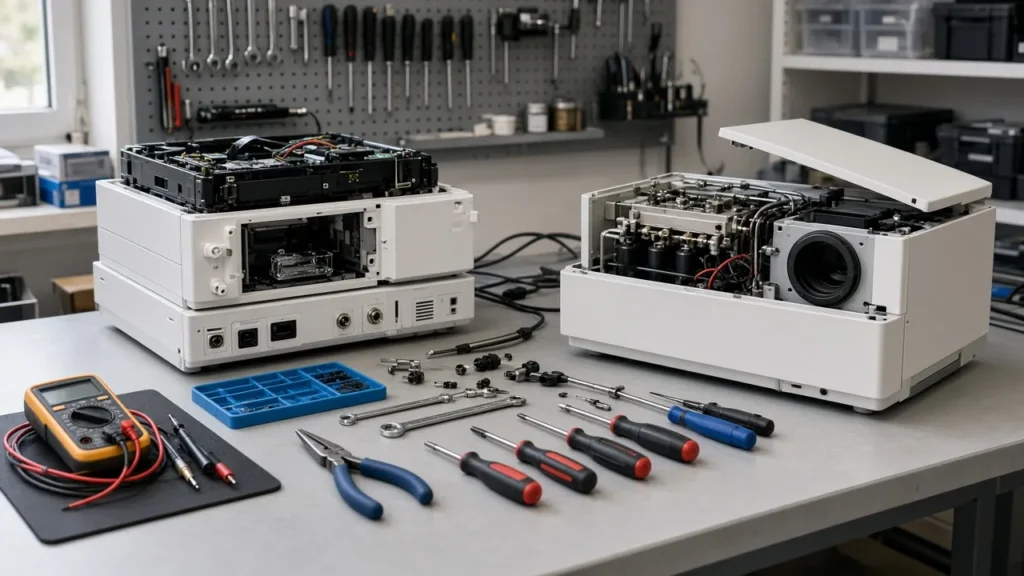 Service workshop with instruments in for repair