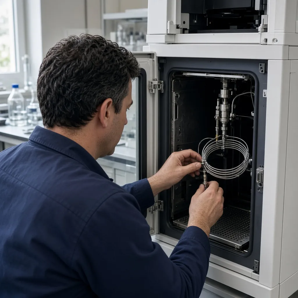 GC oven open, capillary column visible