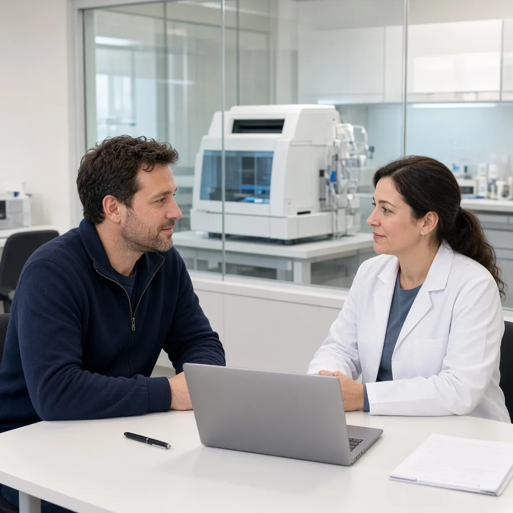 Engineer and client meeting, lab behind glass