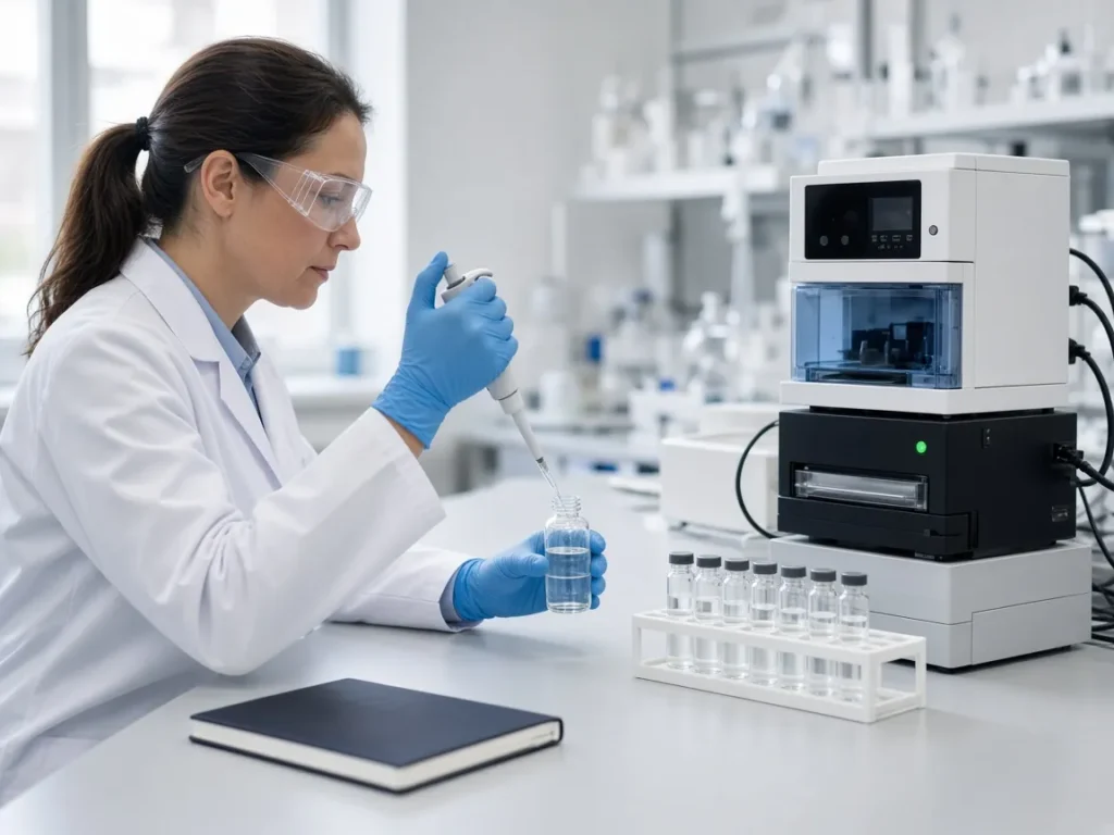Scientist preparing a check standard beside an HPLC