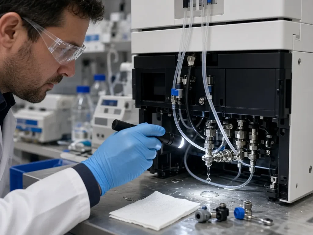 Technician inspecting a leak under an HPLC pump