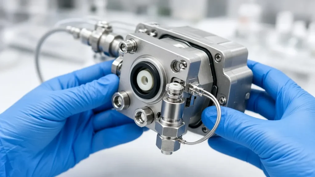 Open HPLC pump head during maintenance