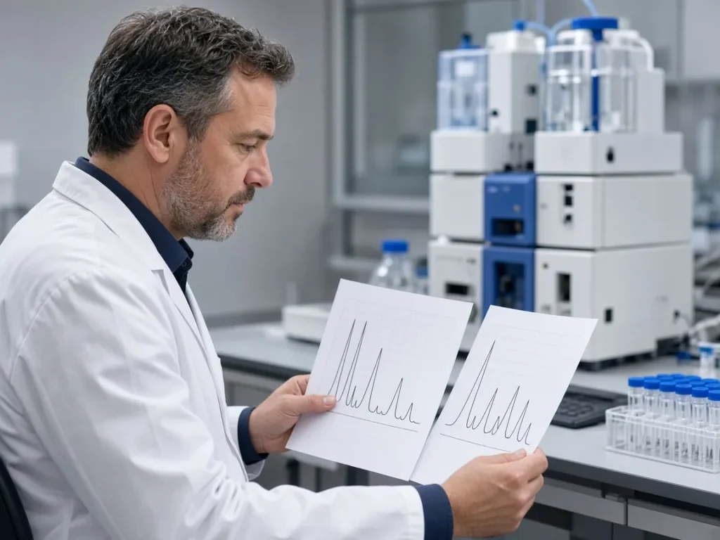 Chemist at a workstation reviewing peak traces