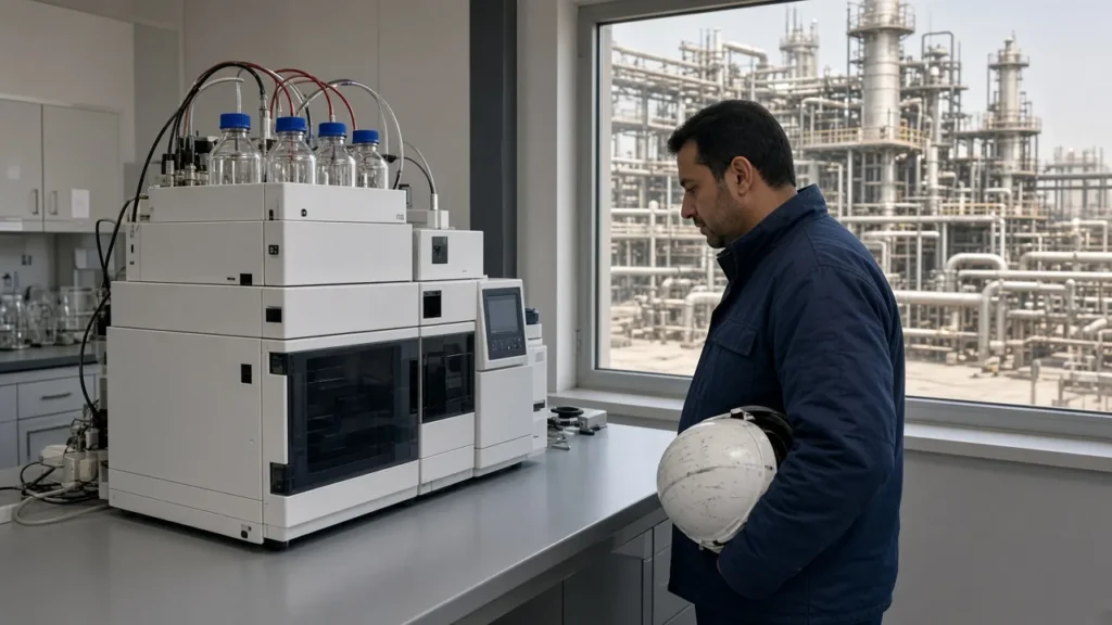 Industrial site laboratory, chromatograph, site clothing